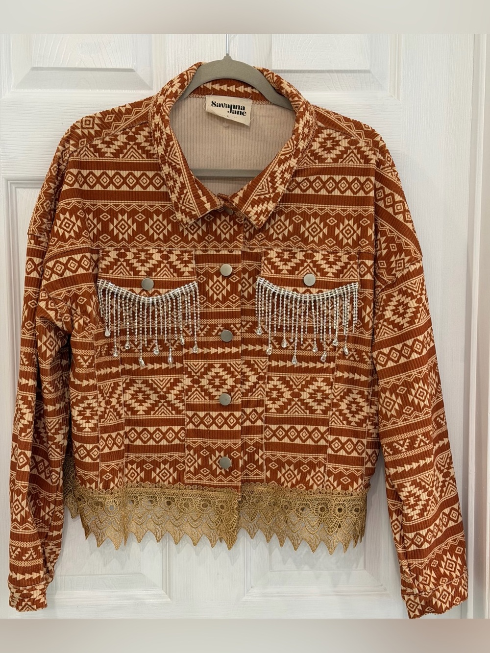 Savanna Jane Rust and Cream Aztec Fringe Button Jacket